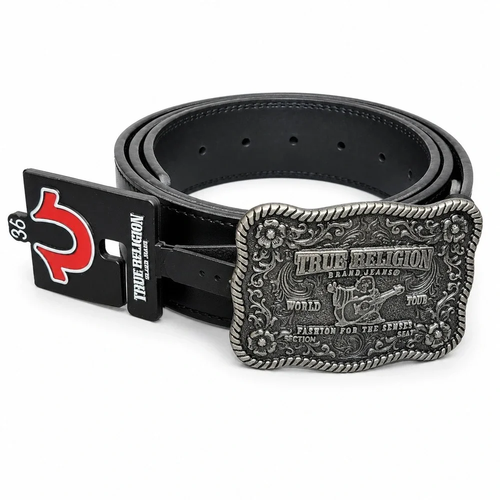 NWT True Religion Delano Plaque Buckle Black Bonded Leather Belt Size 36 Western
